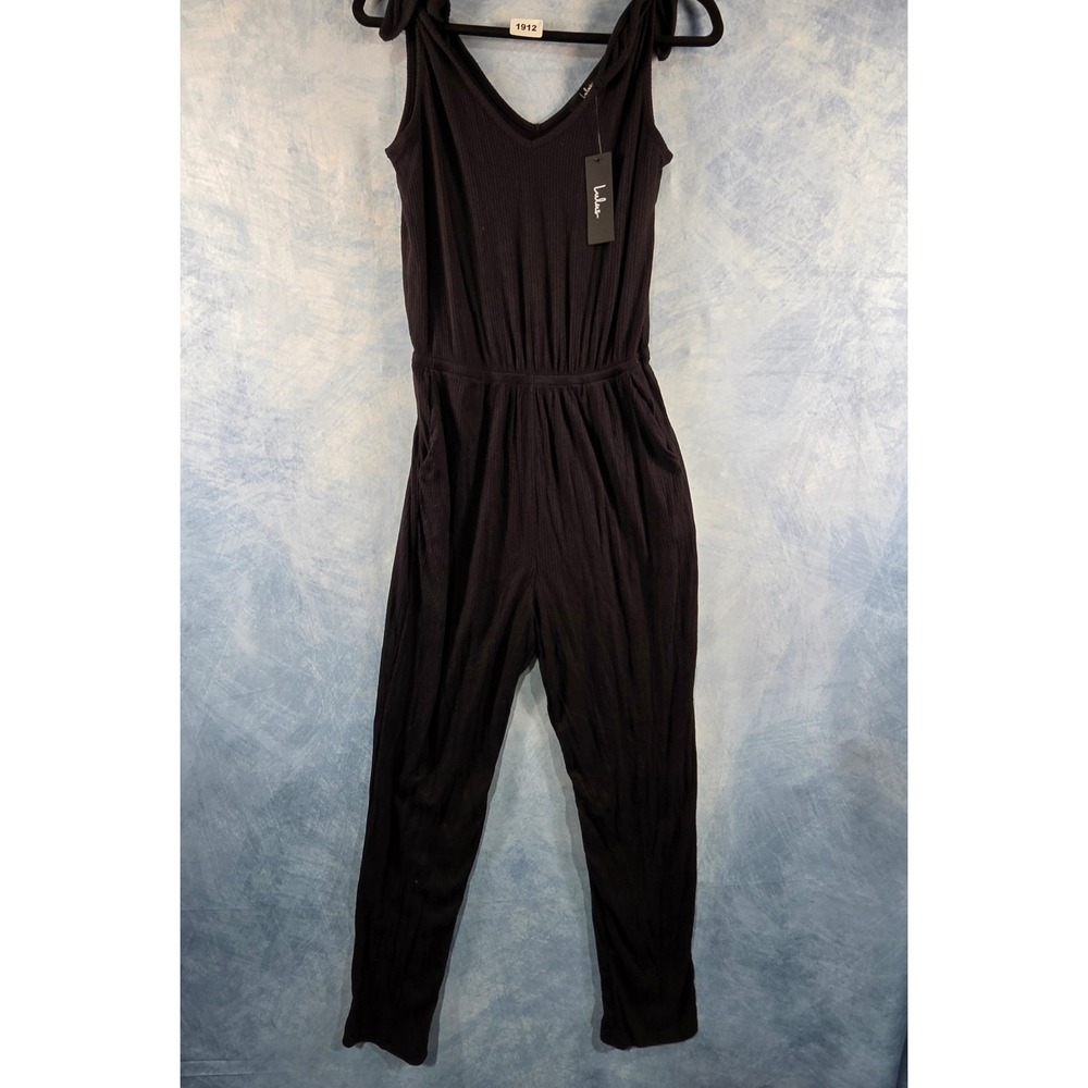 Lulus Black Ribbed Tie Shoulder V-Neck Jumpsuit with Pockets Small NWT